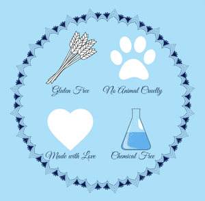 Gluten Free (wheat picture), No animal Cruelty (paw print), Made with Love (white heart), Chemical Free (lab beaker), white & blue simple clean design.